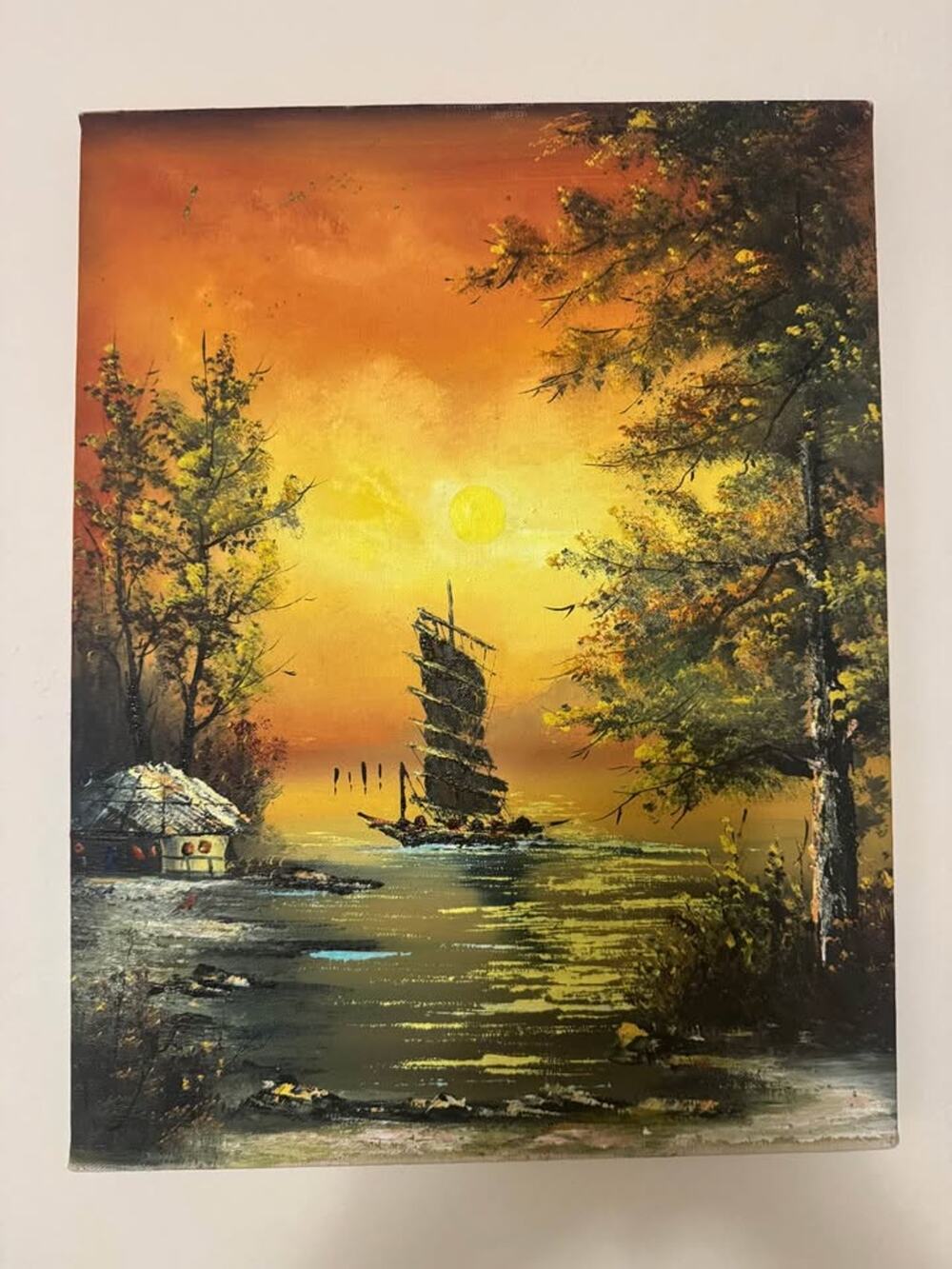 Original oil Painting Sunset Colors Coastal Boat Vintage